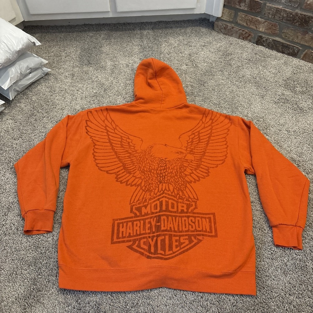 Vintage 90s Harley Davidson Orange Full Zip Up Hoodie Eagle Big Print Back Large